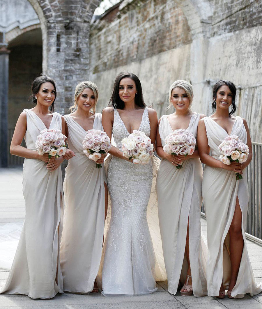 Full Length Luxe Chiffon Long Champagne bridesmaid dresses Plymouth with Sexy High Slit and Front Ruffles
