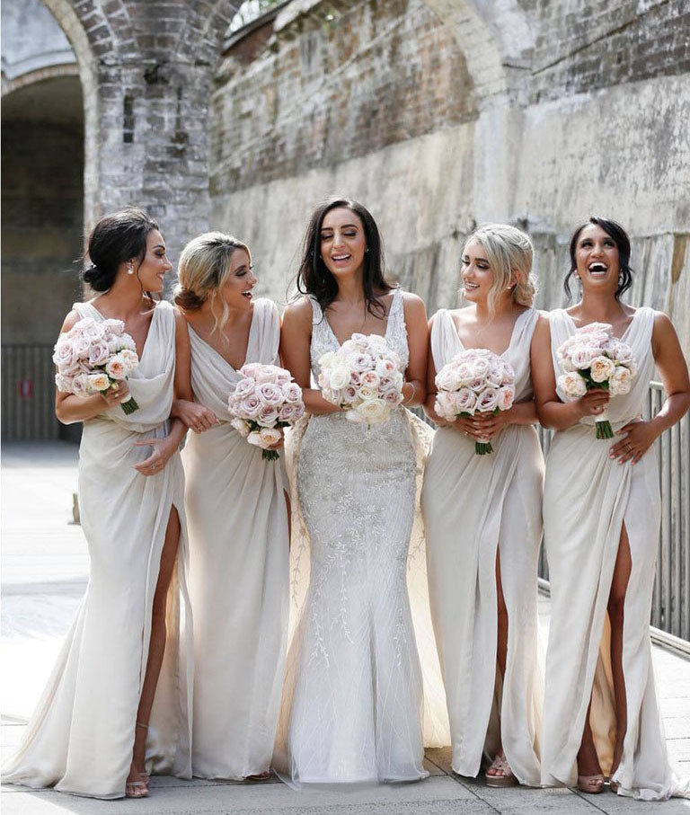 Full Length Luxe Chiffon Long Champagne bridesmaid dresses Plymouth with Sexy High Slit and Front Ruffles