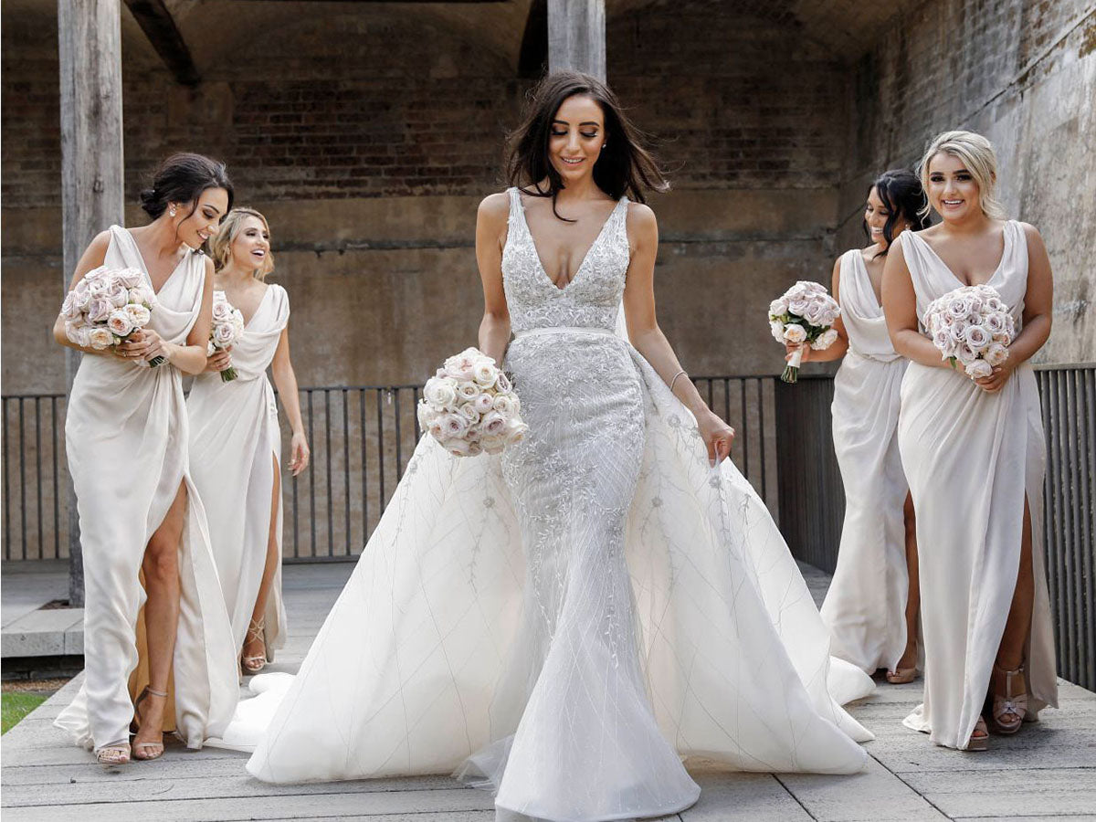Full Length Luxe Chiffon Long Champagne bridesmaid dresses Plymouth with Sexy High Slit and Front Ruffles
