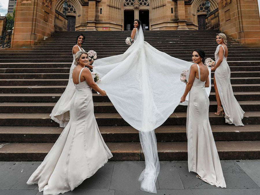 Full Length Luxe Chiffon Long Champagne bridesmaid dresses Plymouth with Sexy High Slit and Front Ruffles