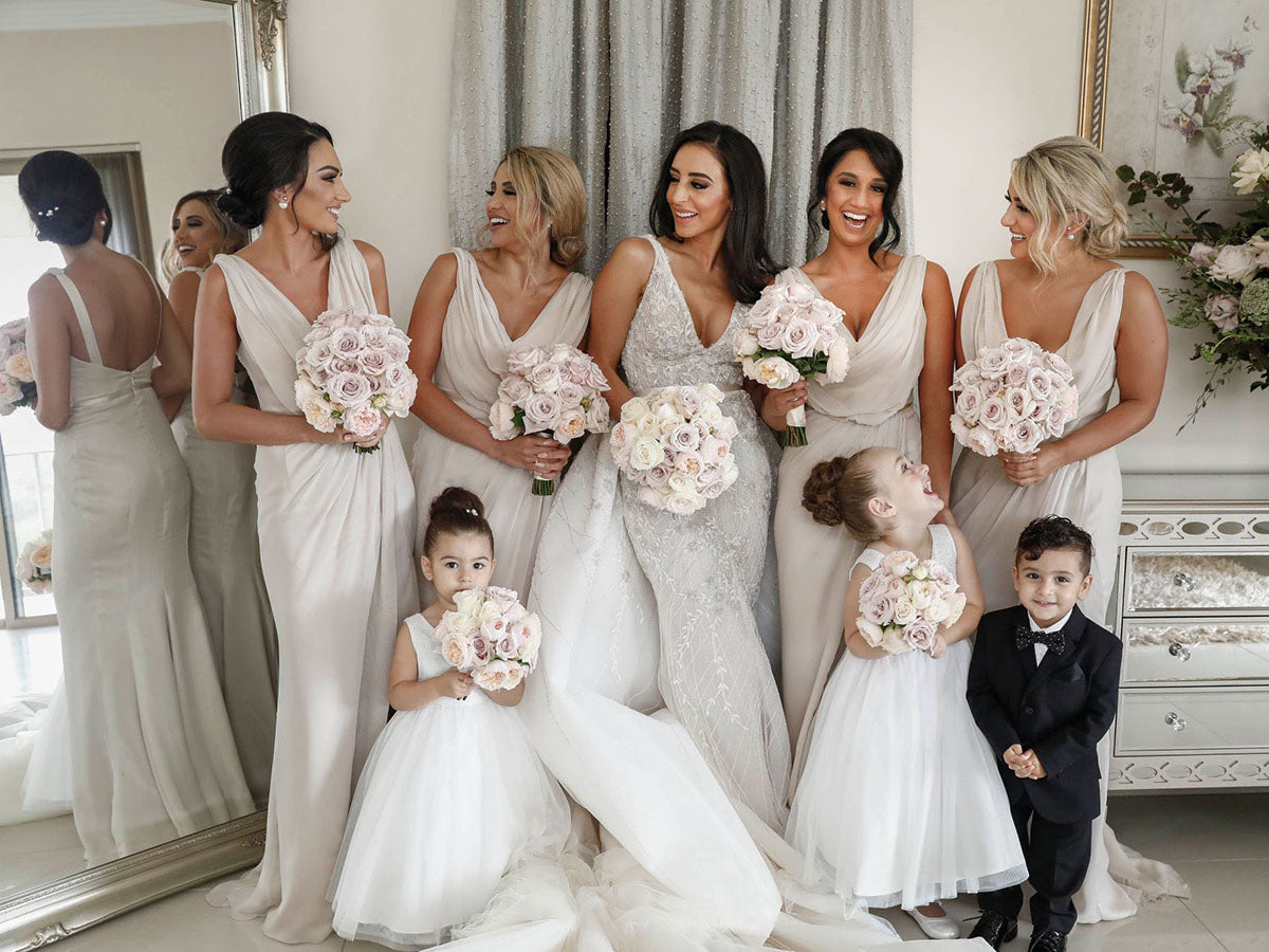 Full Length Luxe Chiffon Long Champagne bridesmaid dresses Plymouth with Sexy High Slit and Front Ruffles