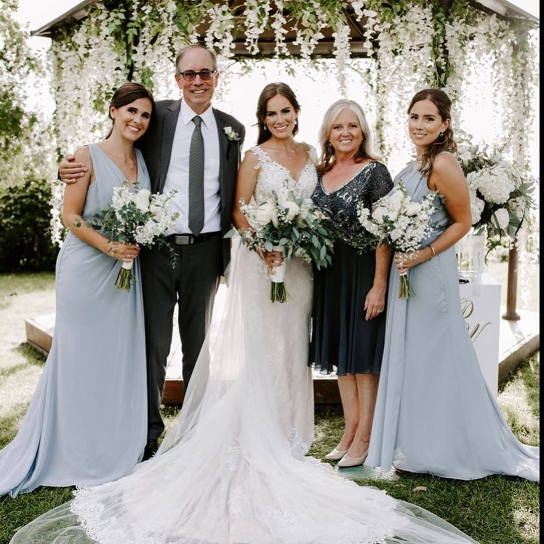 Dusty Blue Full Length Luxe Chiffon Long Champagne bridesmaid dresses Plymouth with Sexy High Slit and Front Ruffles